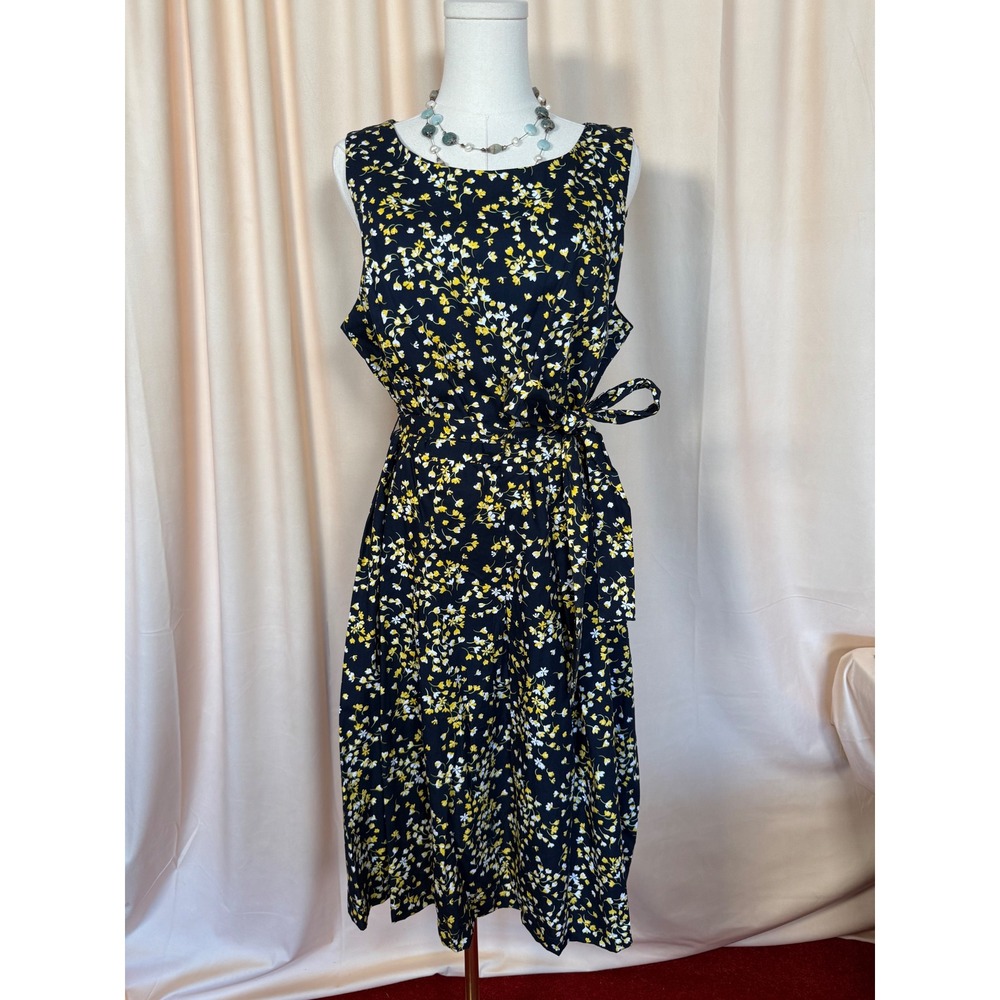 Tommy Hilfiger Dress Womens 12 Navy Blue Floral Cotton Midi Tie Waist